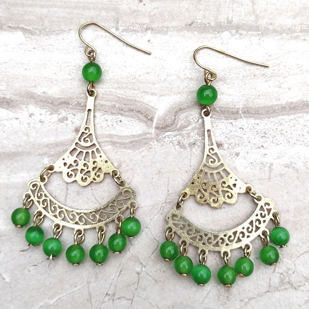 Gold and Green Ornate Fan Beaded Earrings
